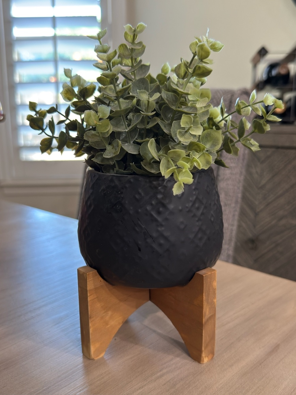 Black Textured Ceramic Planter with Wooden Stand -